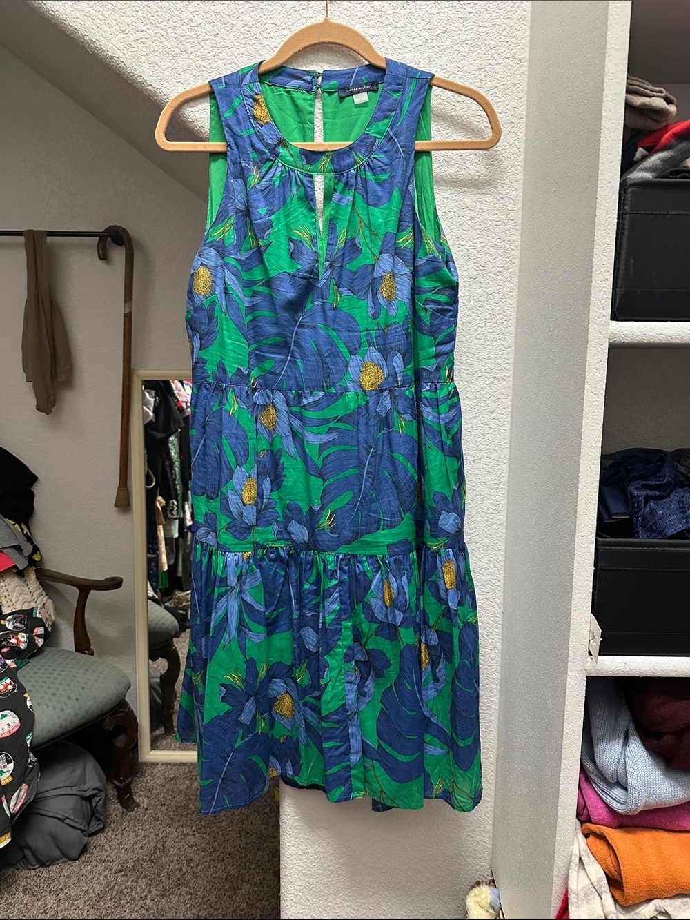 Tommy Hilfiger Green & Blue Floral Tiered Sleeveless Midi Dress